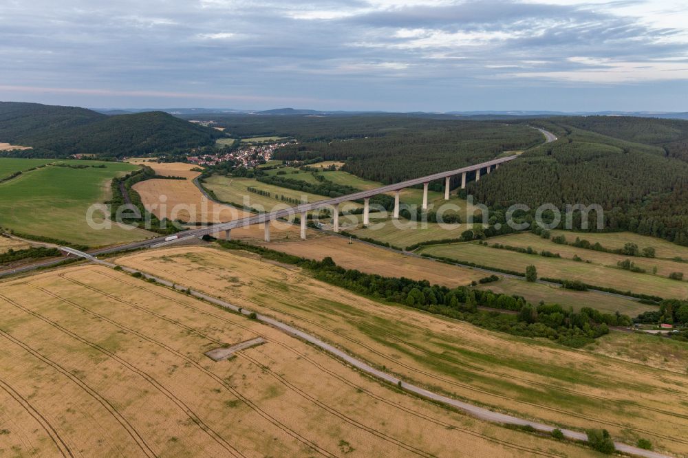 Aerial image Geraberg - Routing and traffic lanes over the highway bridge in the motorway A 71 in Geraberg in the state Thuringia, Germany