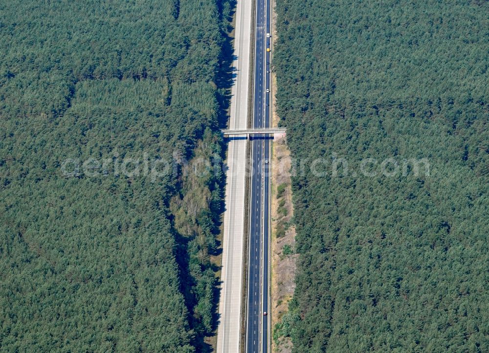 Aerial image Cottbus - Forest areas border the lanes of the motorway route and the route of the BAB A 15 in the district Kiekebusch in Cottbus in the state Brandenburg, Germany