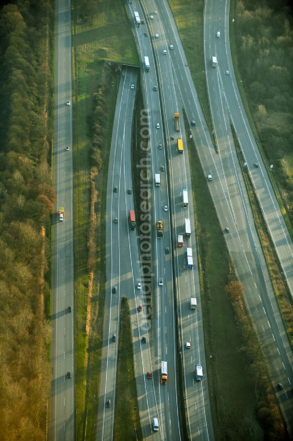 Aerial image Barsbüttel - Lanes of the motorway- route and course of the A1 and A24 in Barsbuettel in the state Schleswig-Holstein, Germany