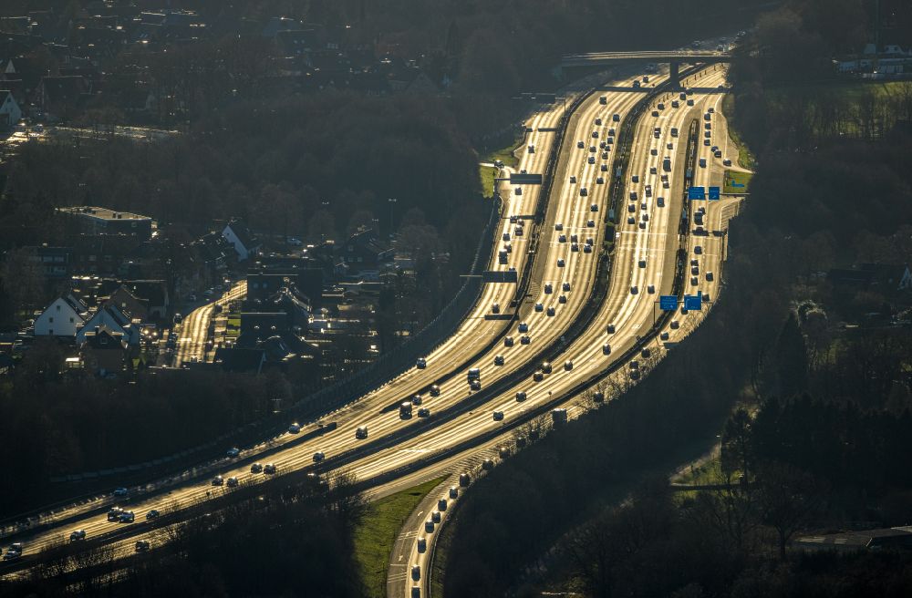 Bottrop from above - Lanes of the motorway- route and course of the A2 on street Stenkhoffstrasse in the district Eigen in Bottrop at Ruhrgebiet in the state North Rhine-Westphalia, Germany