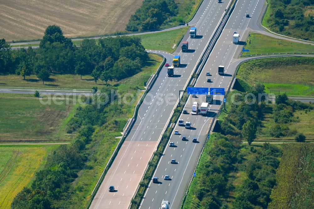 Vockerode from above - Lanes of the motorway- route and course of the A9 on Kapengraben in Vockerode in the state Saxony-Anhalt, Germany