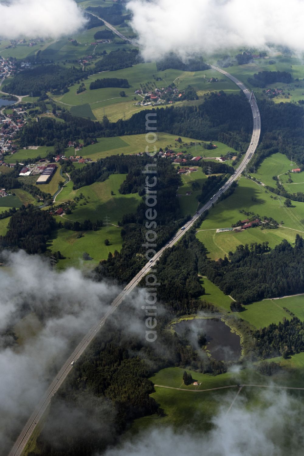 Wangen im Allgäu from above - Lanes of the motorway- route and course of the A96 in Wangen im Allgaeu in the state Baden-Wuerttemberg, Germany