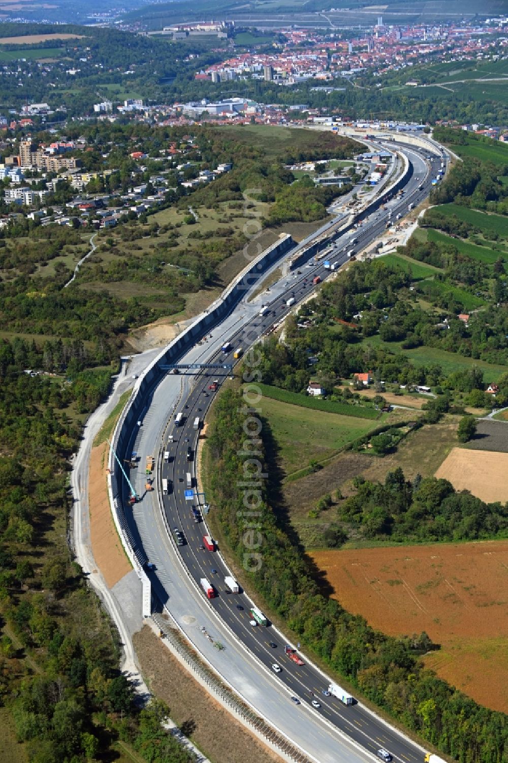 Würzburg from above - Lanes of the motorway- route and course of the A3 in Wuerzburg in the state Bavaria, Germany