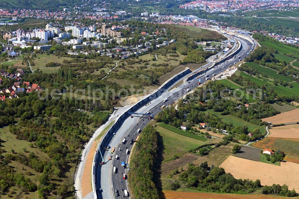 Würzburg from the bird's eye view: Lanes of the motorway- route and course of the A3 in Wuerzburg in the state Bavaria, Germany