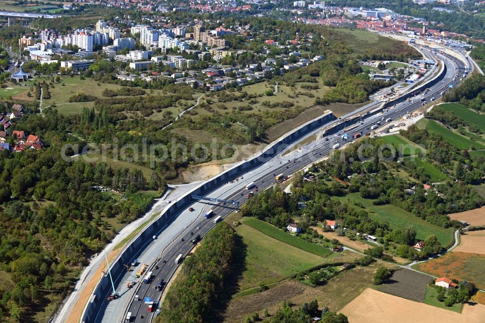 Aerial image Würzburg - Lanes of the motorway- route and course of the A3 in Wuerzburg in the state Bavaria, Germany