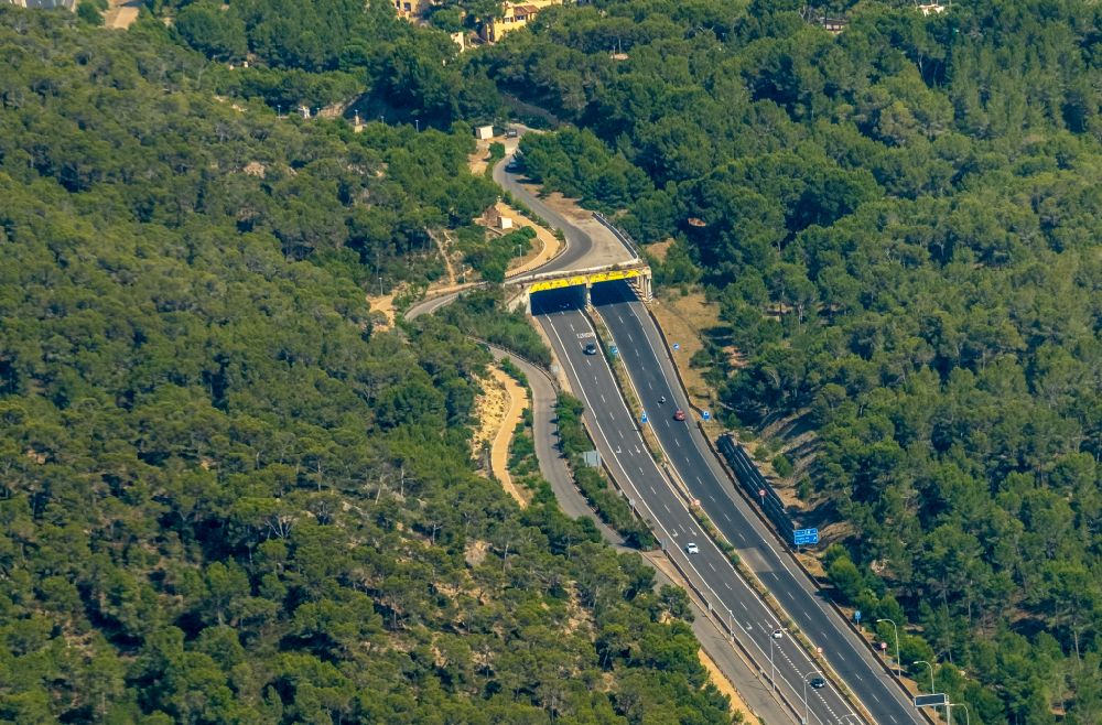 Andratx from above - Routing and traffic lanes during the highway tunnel construction of the motorway A on street Ma-1 in Andratx in Balearic island of Mallorca, Spain