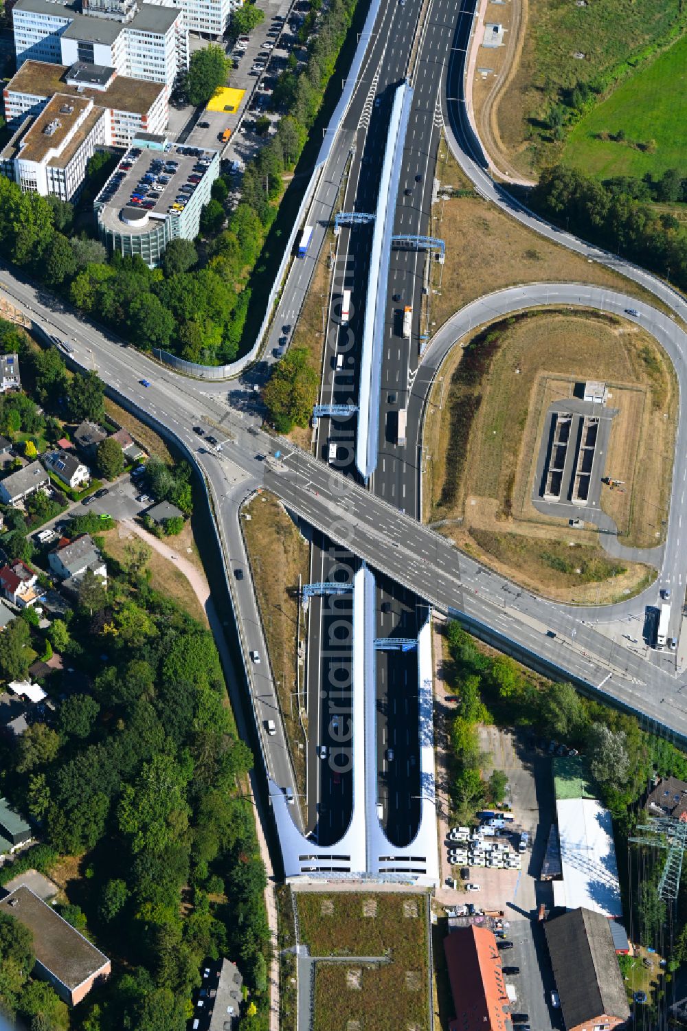 Hamburg from the bird's eye view: Route in the course of the motorway tunnel construction of the BAB A 7 Hamburger Deckel in the district Schnelsen in Hamburg, Germany