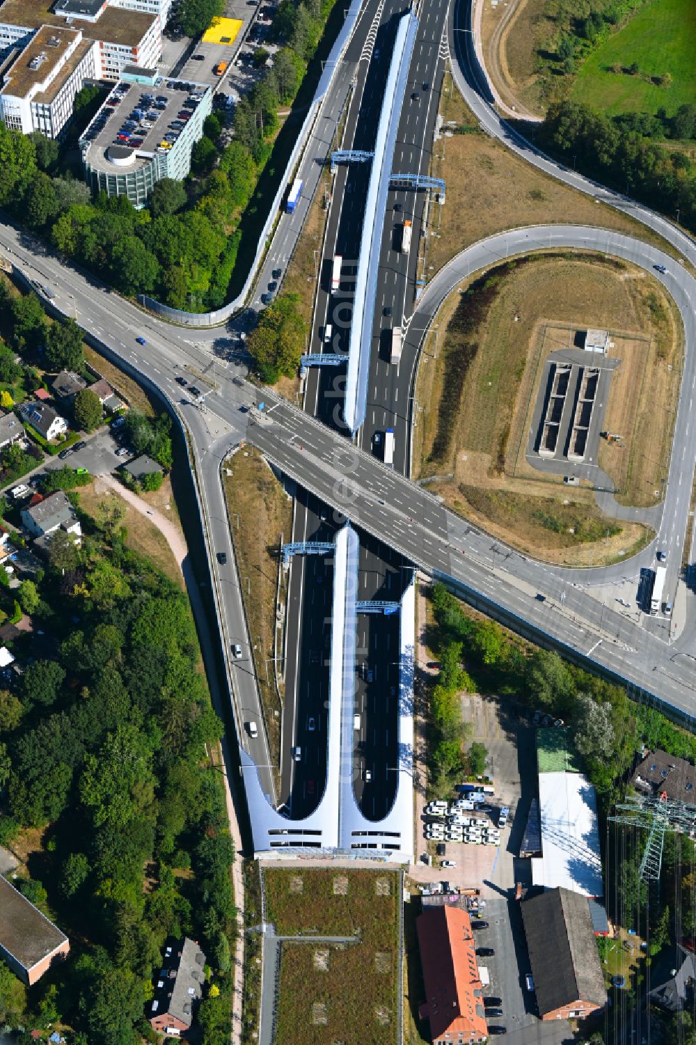 Aerial image Hamburg - Route in the course of the motorway tunnel construction of the BAB A 7 Hamburger Deckel in the district Schnelsen in Hamburg, Germany