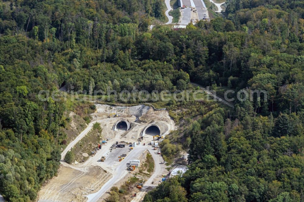 Aerial photograph Rheinfelden (Baden) - Routing and traffic lanes during the highway tunnel construction of the motorway A 68 Herrschaftsbucktunnel in Rheinfelden (Baden) in the state Baden-Wurttemberg, Germany