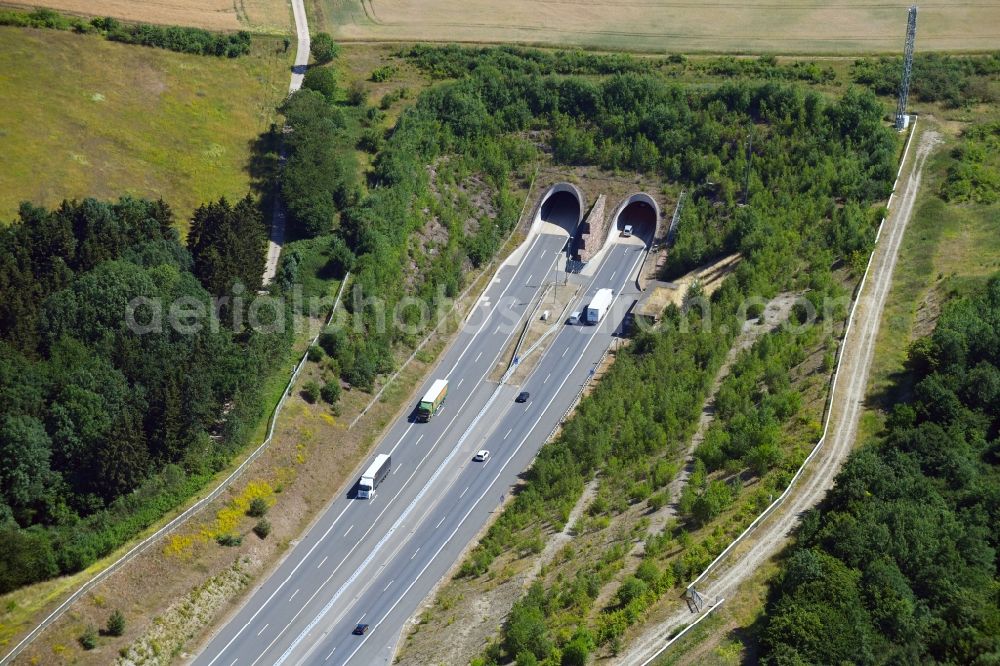 Rustenfelde from the bird's eye view: Routing and traffic lanes during the highway tunnel construction of the motorway A 38 in Rustenfelde in the state Thueringen, Germany