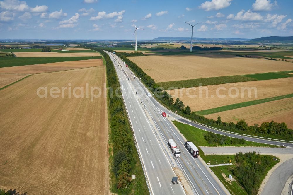 Gollhofen from above - Routing and traffic lanes during the highway exit and access the motorway A 7 in Gollhofen in the state Bavaria, Germany