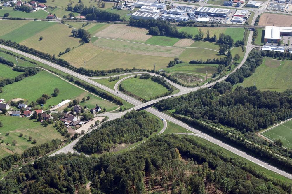 Laufenburg from above - Routing and traffic lanes at the highway exit and access the motorway A 98 in Laufenburg in the state Baden-Wurttemberg, Germany