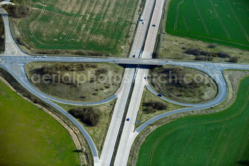 Lutherstadt Eisleben from above - Route and lanes in the course of the motorway exit and access the BAB 38 at junction 19 in Lutherstadt Eisleben in the state Saxony-Anhalt, Germany
