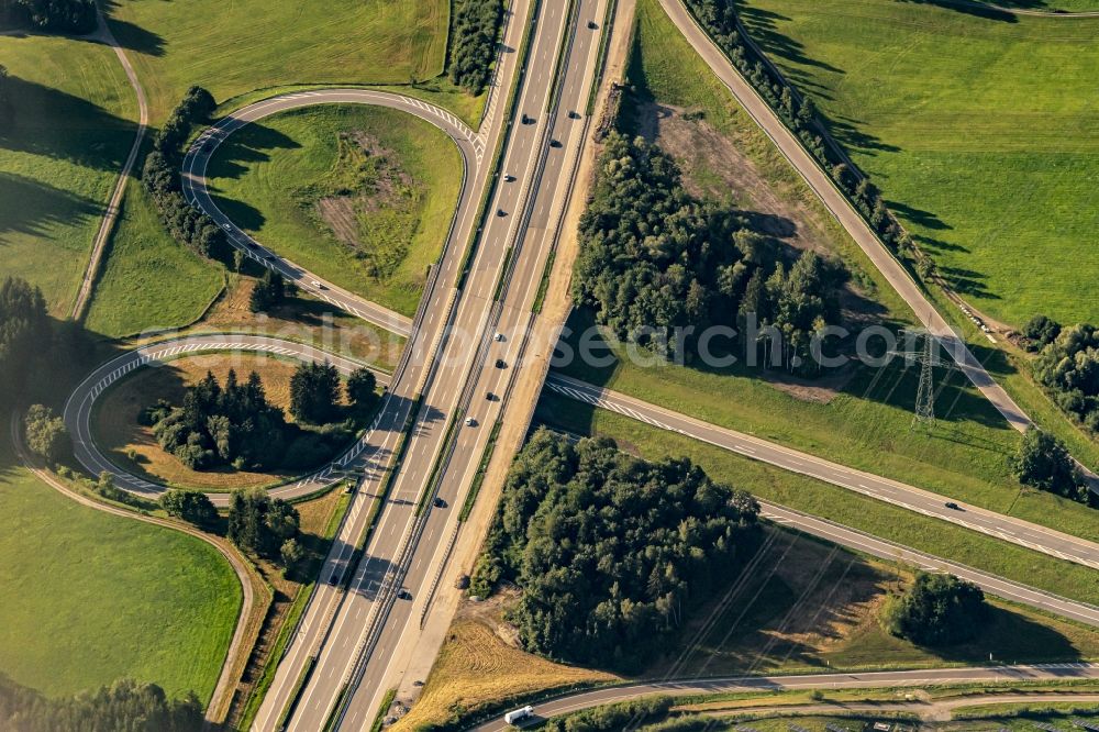 Aerial image Sulzberg - Routing and traffic lanes during the highway exit and access the motorway A 7 in Sulzberg in the state Bavaria, Germany