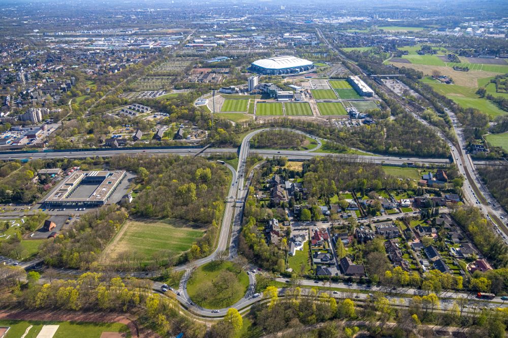 Gelsenkirchen from above - Routing and lanes in the course of the motorway exit and access to the BAB A2 and Veltins Arena in Gelsenkirchen in the Ruhr area in the state of North Rhine-Westphalia, Germany