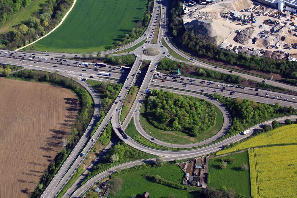 Pratteln from the bird's eye view: Traffic routing and traffic congestion at the highway exit of the Swiss motorway A3 at Pratteln in Switzerland. The rush hour traffic in the Basel area leads to daily traffic jams and traffic obstruction