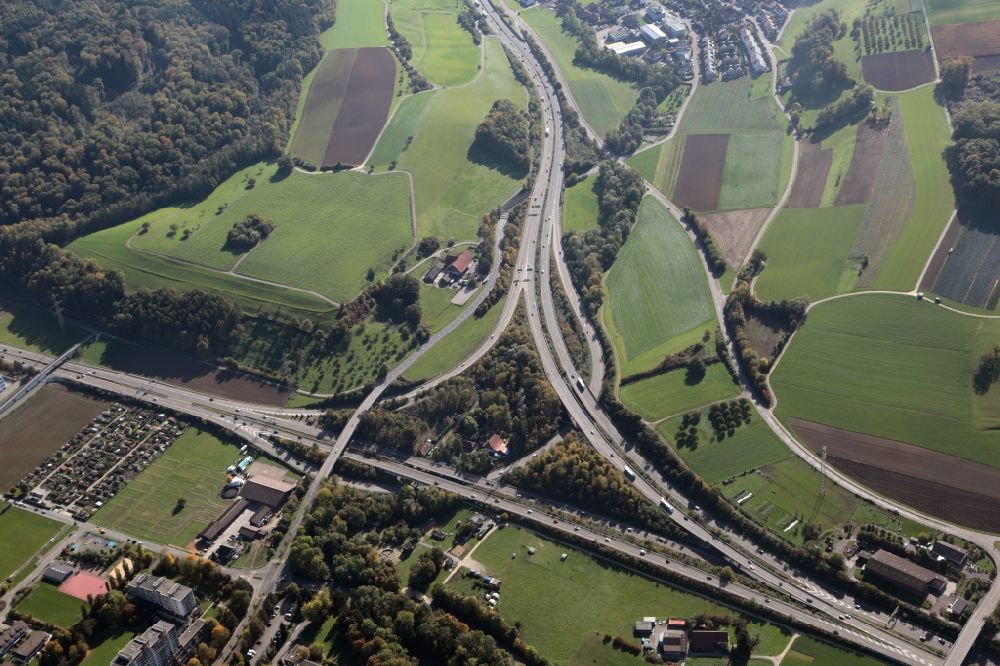 Kaiseraugst from the bird's eye view: Highway triangle of the motorway A2 A3 in Kaiseraugst in the canton Aargau, Switzerland