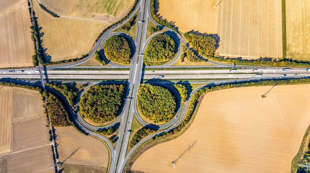 Aerial image Anröchte - Highway triangle the federal motorway A 44 in Anroechte in the state North Rhine-Westphalia, Germany