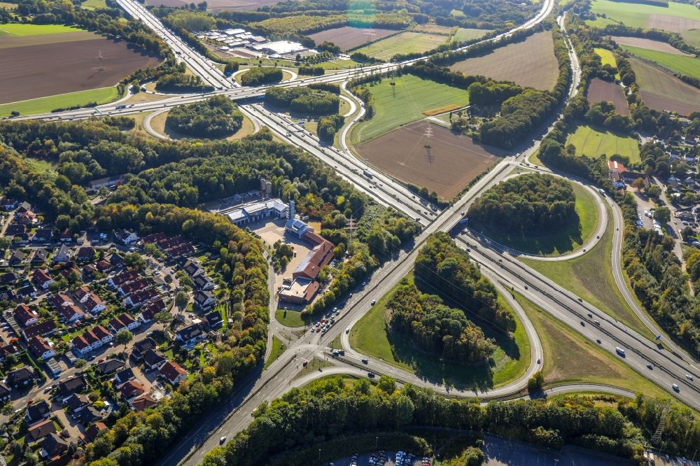 Unna from above - Motorway triangle - exit of the AD of the BAB A1 Dortmund Unna and the federal road B1 in Unna in the federal state North Rhine-Westphalia, Germany