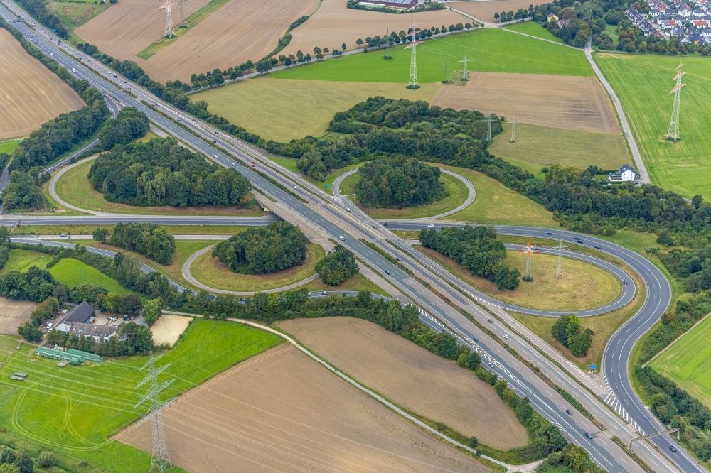 Aerial photograph Dortmund - Highway triangle the federal motorway A 44 A45 Dreieck Dortmund/Witten in the district Hombruch in Dortmund at Ruhrgebiet in the state North Rhine-Westphalia