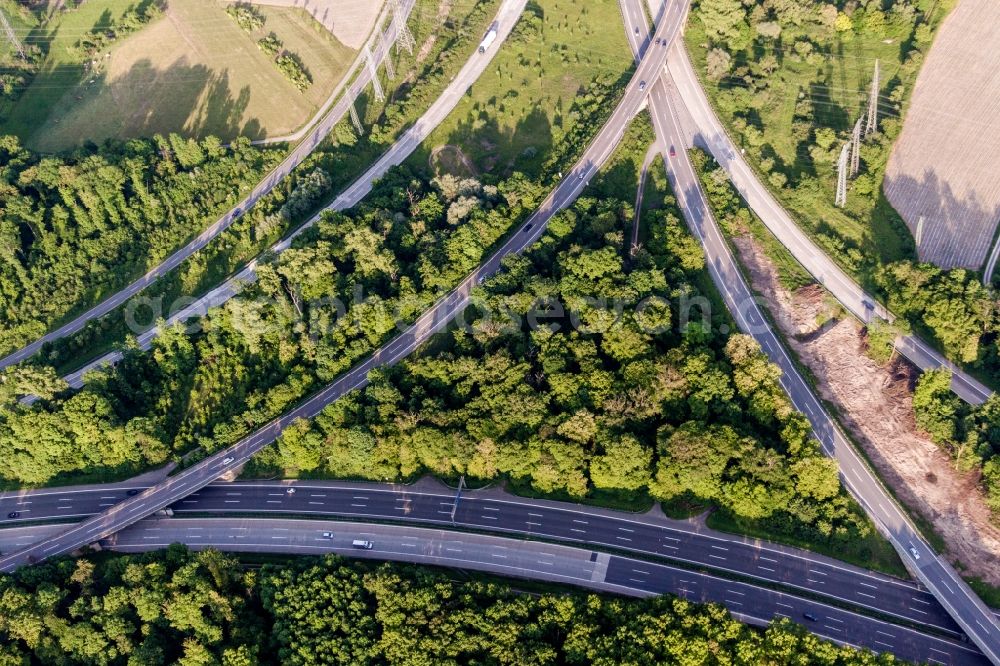 Aerial photograph Karlsruhe - Highway triangle the federal motorway A 5/A8 in Karlsruhe in the state Baden-Wurttemberg, Germany