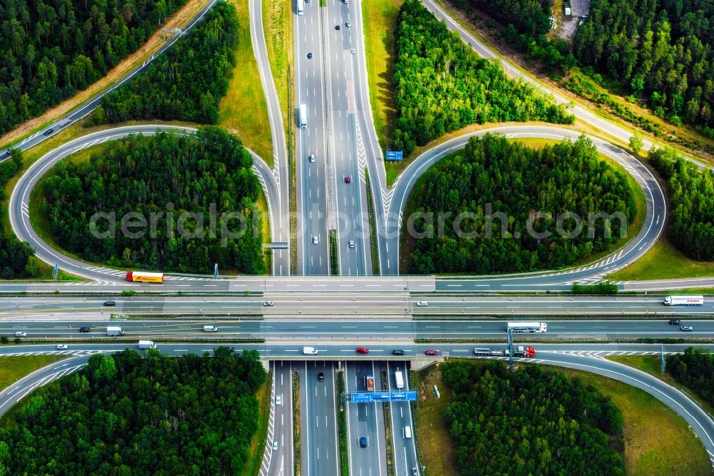 Aerial image Feuchter Forst - Highway triangle the federal motorway A 6 and A9 Kreuz Nuernberg-Ost in Feuchter Forst in the state Bavaria, Germany