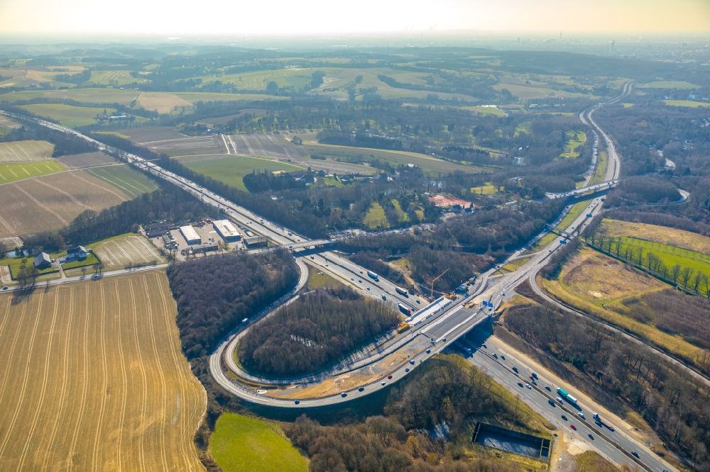 Ratingen from the bird's eye view: Highway triangle the federal motorway A 44 - A3 in Ratingen in the state North Rhine-Westphalia, Germany