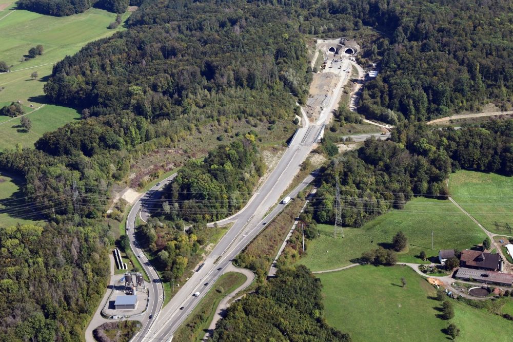 Aerial photograph Rheinfelden (Baden) - Highway triangle of the federal motorway A 98 to the A861 at the Herrschaftsbuck Tunnel in Rheinfelden (Baden) in the state Baden-Wurttemberg, Germany