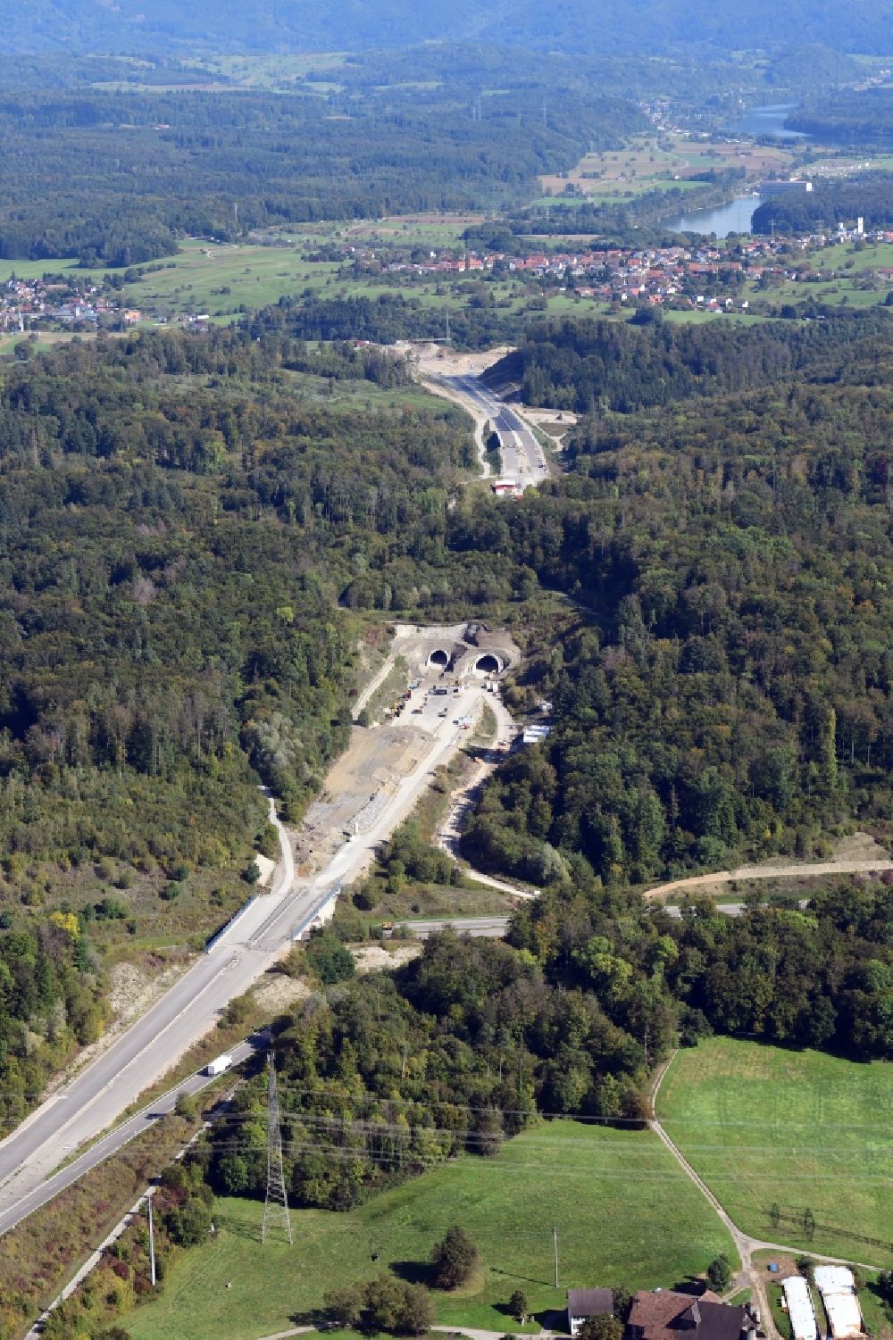 Rheinfelden (Baden) from above - Highway triangle of the federal motorway A 98 to the A861 at the Herrschaftsbuck Tunnel in Rheinfelden (Baden) in the state Baden-Wurttemberg, Germany
