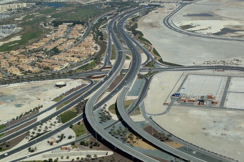 Aerial photograph Abu Dhabi - Highway triangle of the federal motorway Sheikh Khalifa Bin Zayed Highway on the Saadyat in Abu Dhabi in United Arab Emirates