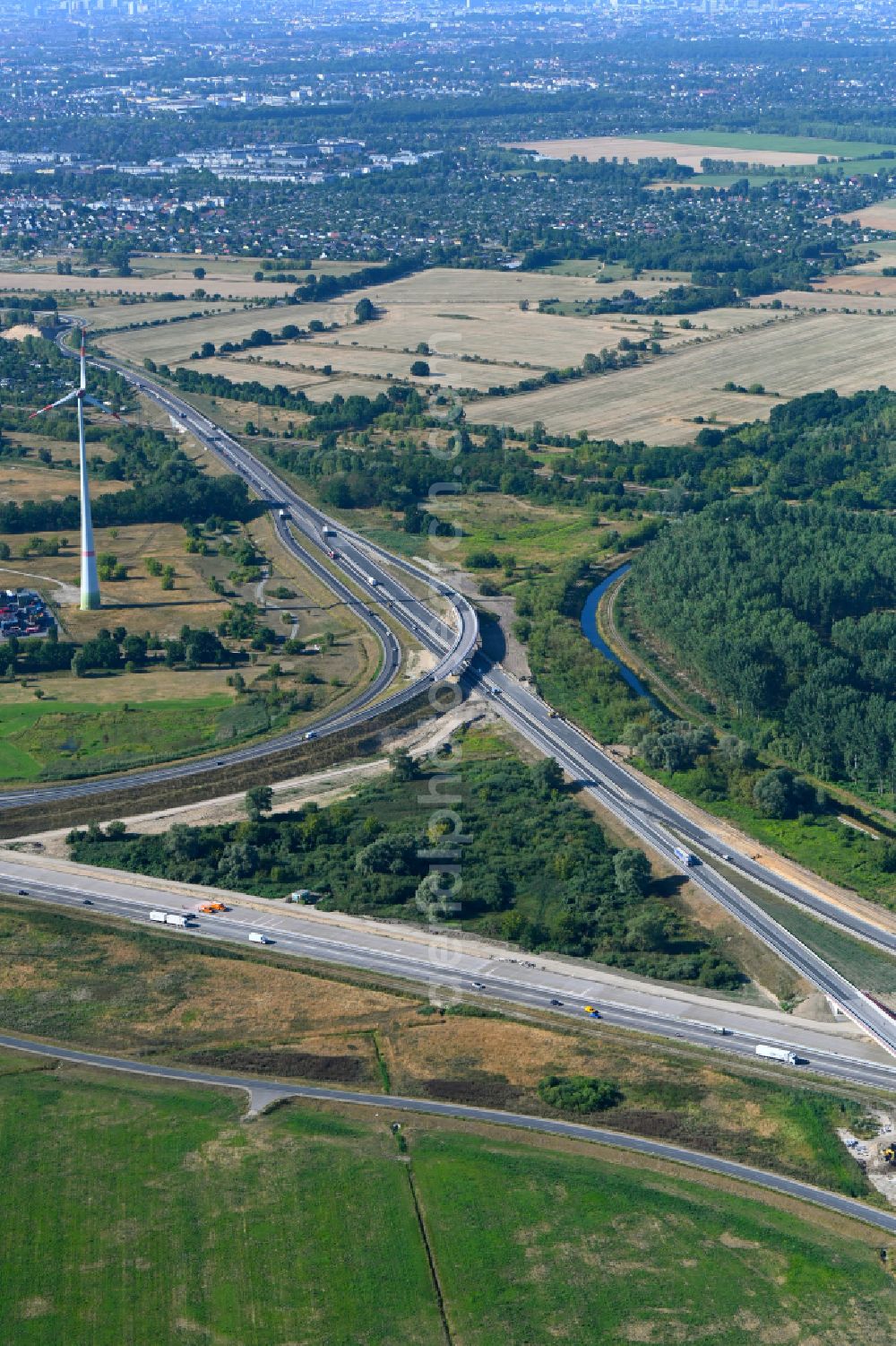 Schönerlinde from above - Motorway triangle lanes of the BAB A114 - A10 - Dreieck Pankow in Schoenerlinde in the state Brandenburg, Germany