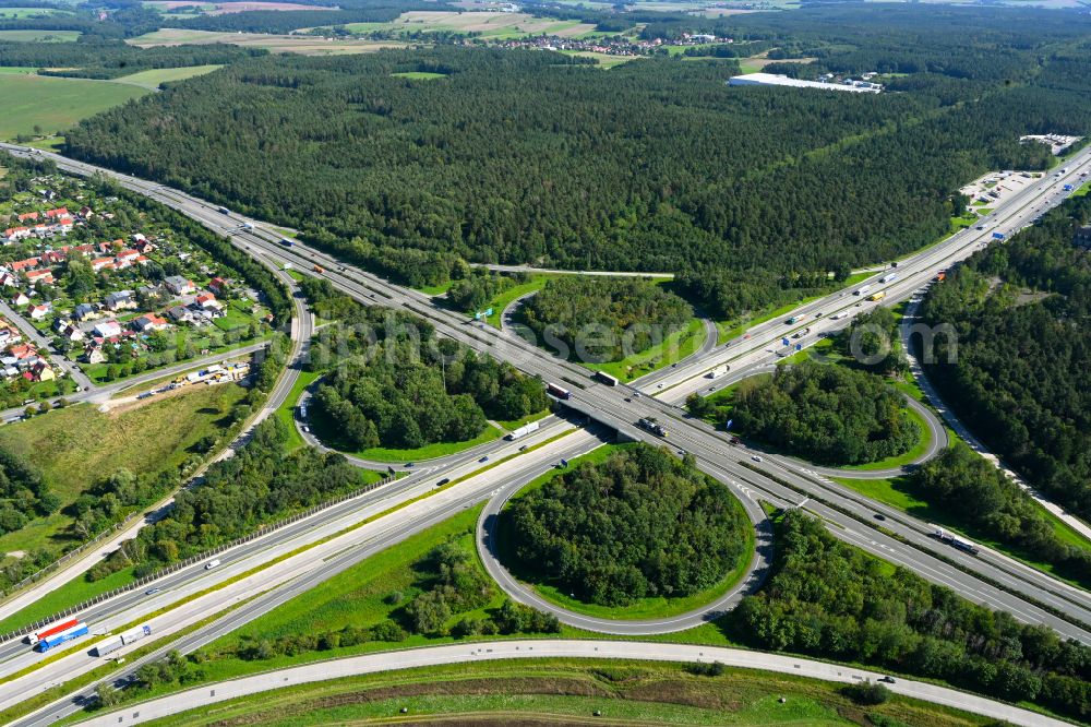 Aerial photograph Hermsdorf - Traffic flow at the intersection- motorway A9 and BAB A4 in form of cloverleaf in Hermsdorf in the state Thuringia, Germany