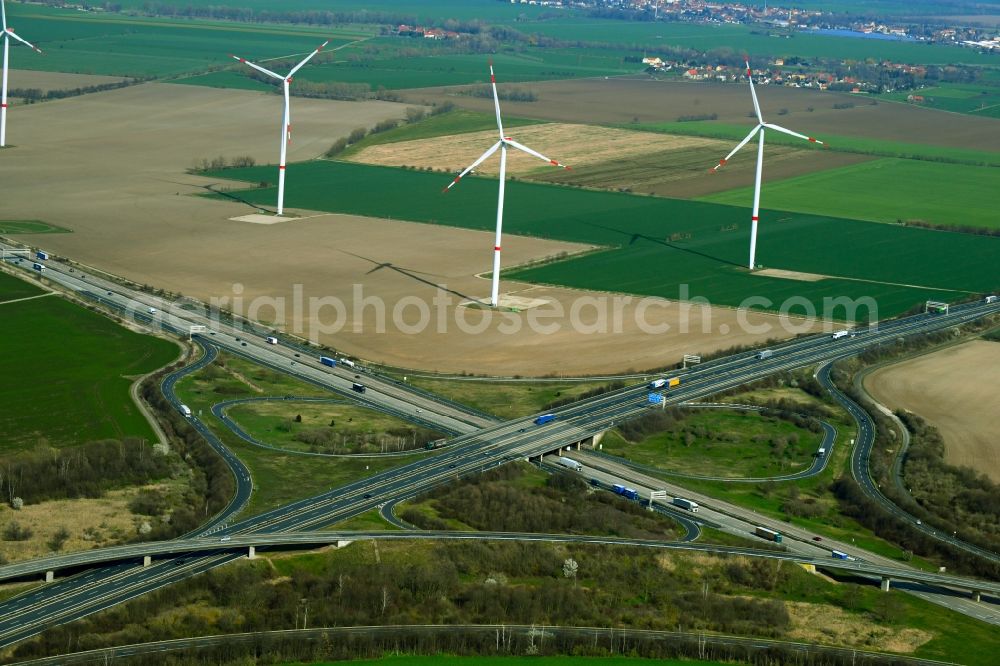 Aerial image Lützen - Traffic routing and lanes of road routing at the motorway junction of the A9 - A38 Rippachtal in Luetzen in the state Saxony-Anhalt, Germany