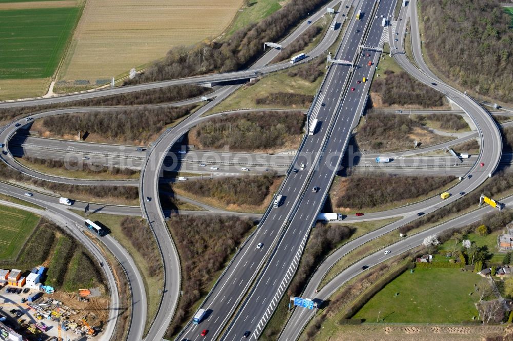 Stuttgart from above - Traffic routing and lanes of road routing at the interchange of the BAB8 - BAB27 in the district Fasanenhof in Stuttgart in the state Baden-Wurttemberg, Germany