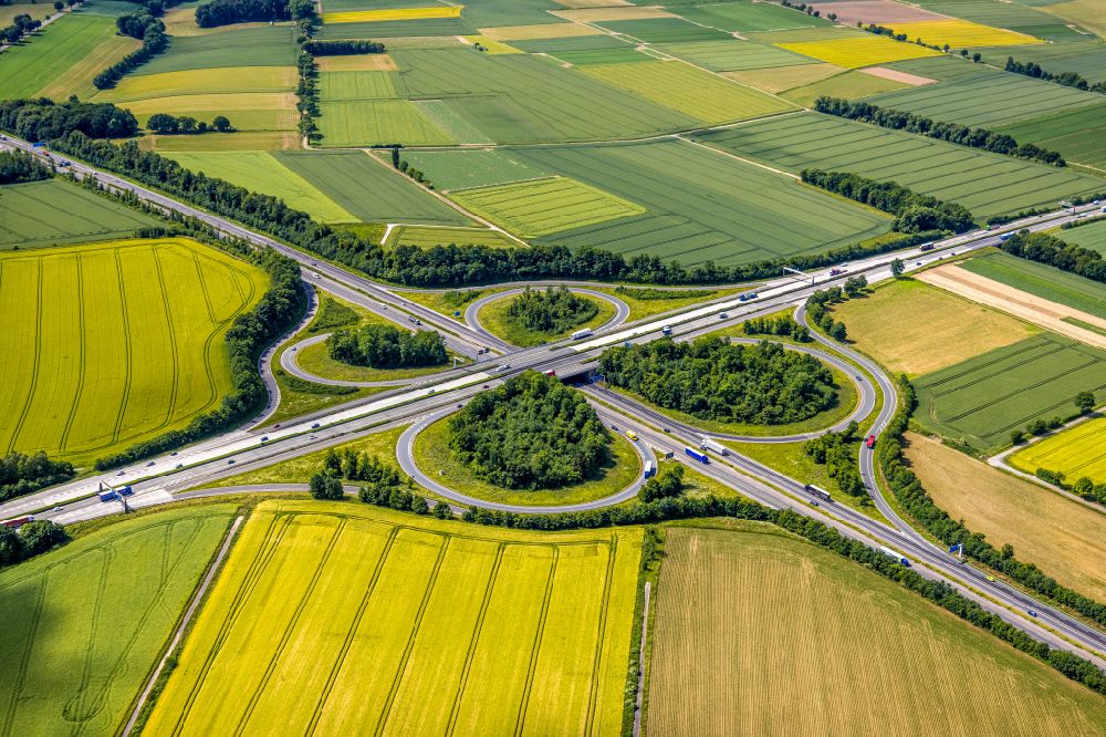 Aerial image Werl - Traffic flow at the intersection- motorway A44 - BAB 445 in form of cloverleaf in Werl at Ruhrgebiet in the state North Rhine-Westphalia, Germany