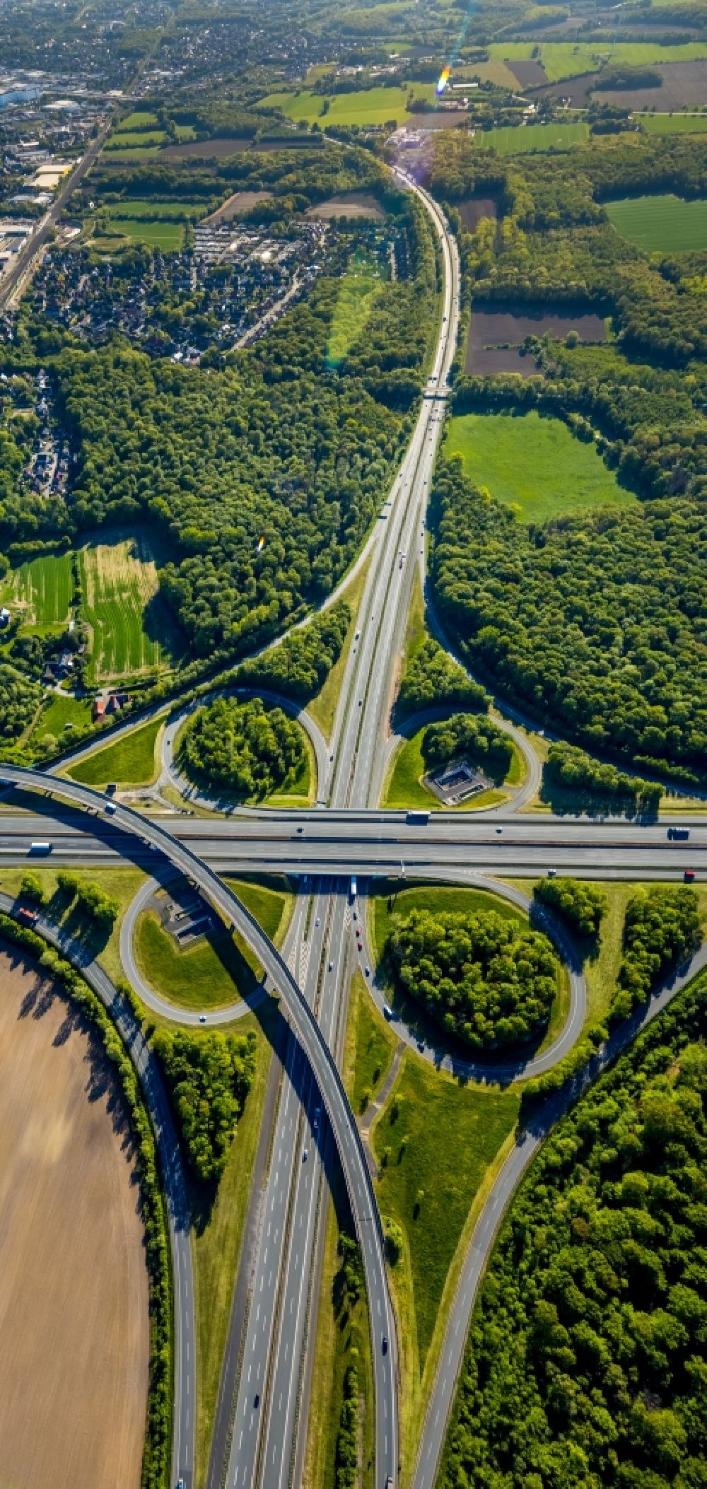 Münster from above - Traffic flow at the intersection- motorway A 43 - A1 Kreuz Muenster-Sued in Muenster in the state North Rhine-Westphalia, Germany