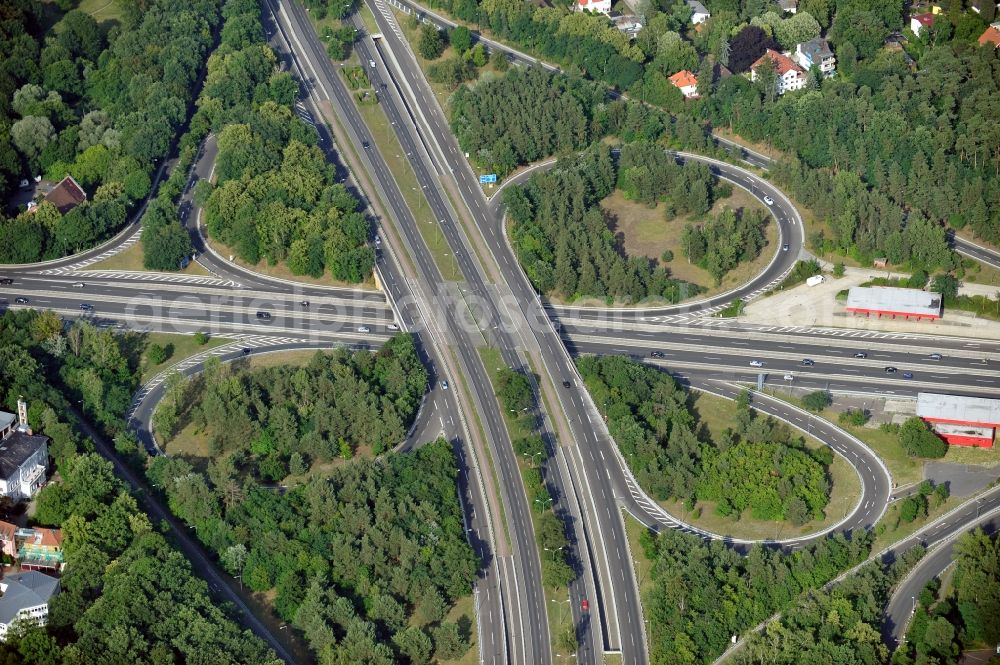 Berlin from the bird's eye view: Motorway junction Zehlendorf of the freeway A 115 and the A-Road 1 in the district Nikolassee of Berlin-Zehlendorf