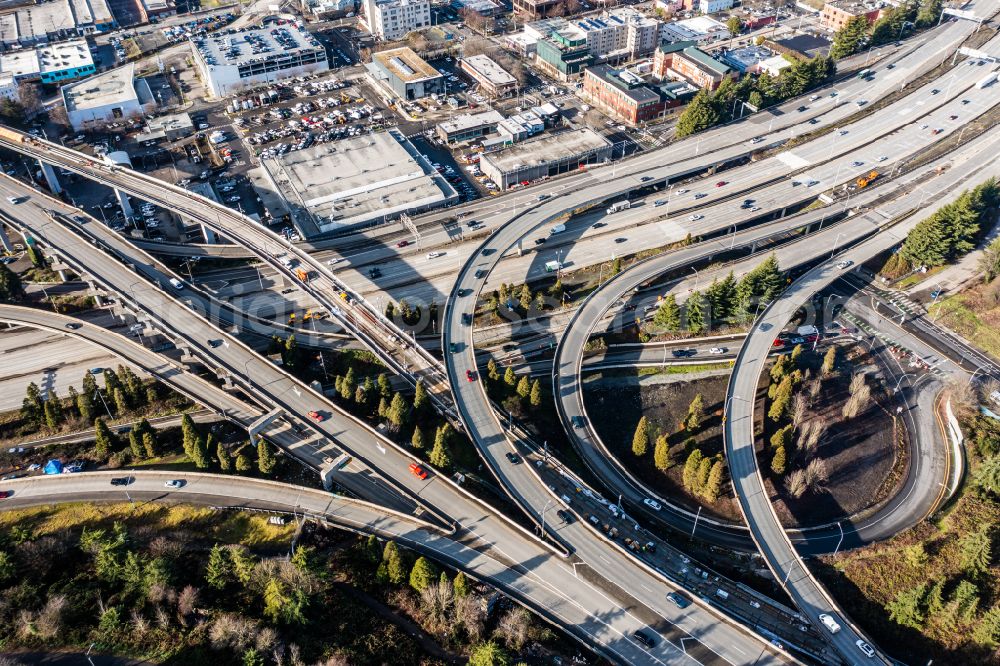 Seattle from above - Traffic flow at the intersection- motorway Highway 5 in Seattle in Washington, United States of America