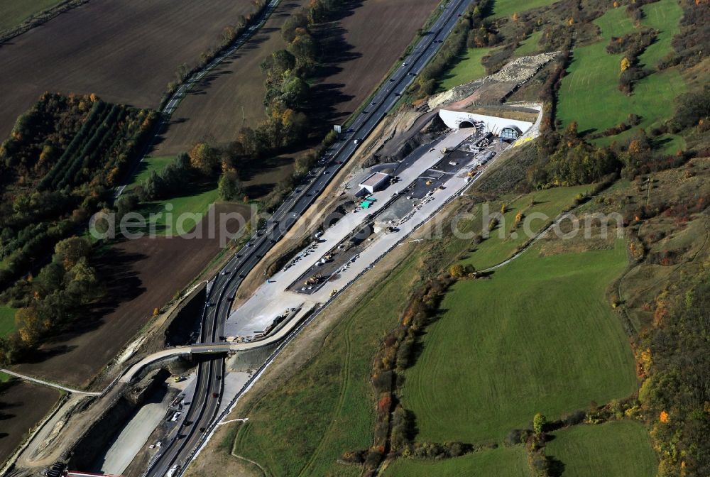 Aerial image Jena - View of the construction site chase mountain highway tunnel laying E40 European highway A4 at Jena in Thuringia