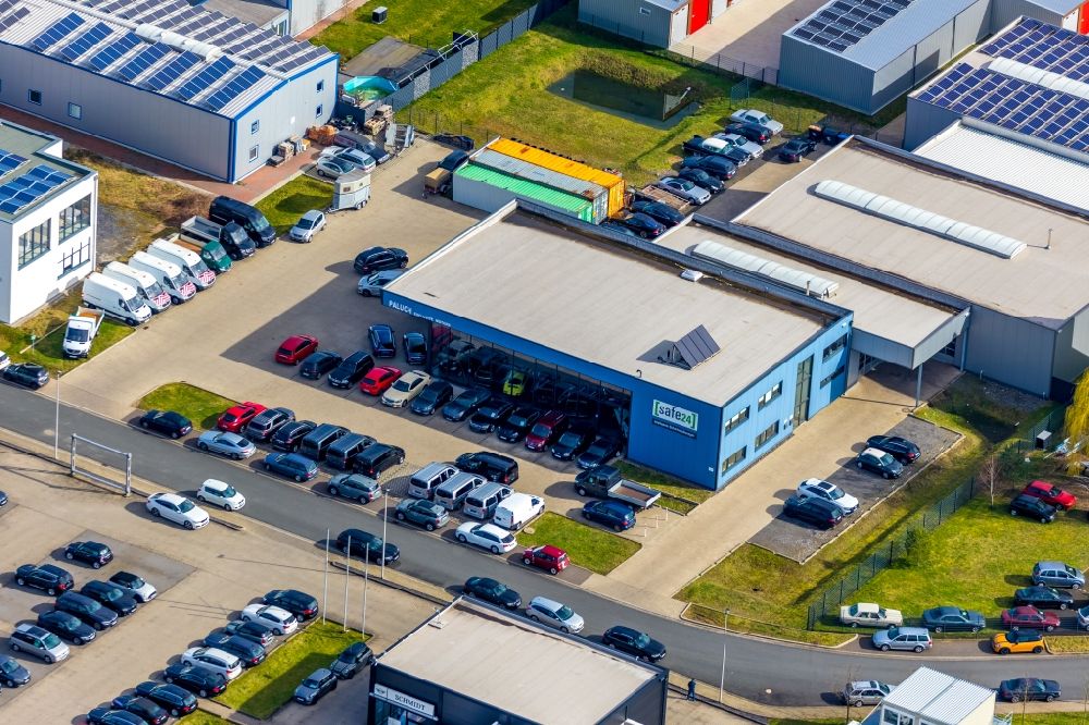 Hamm from above - Car dealership building of Paluch Exclusive Motors GmbH on Herbert-Rust-Weg in the district Norddinker in Hamm in the state North Rhine-Westphalia, Germany