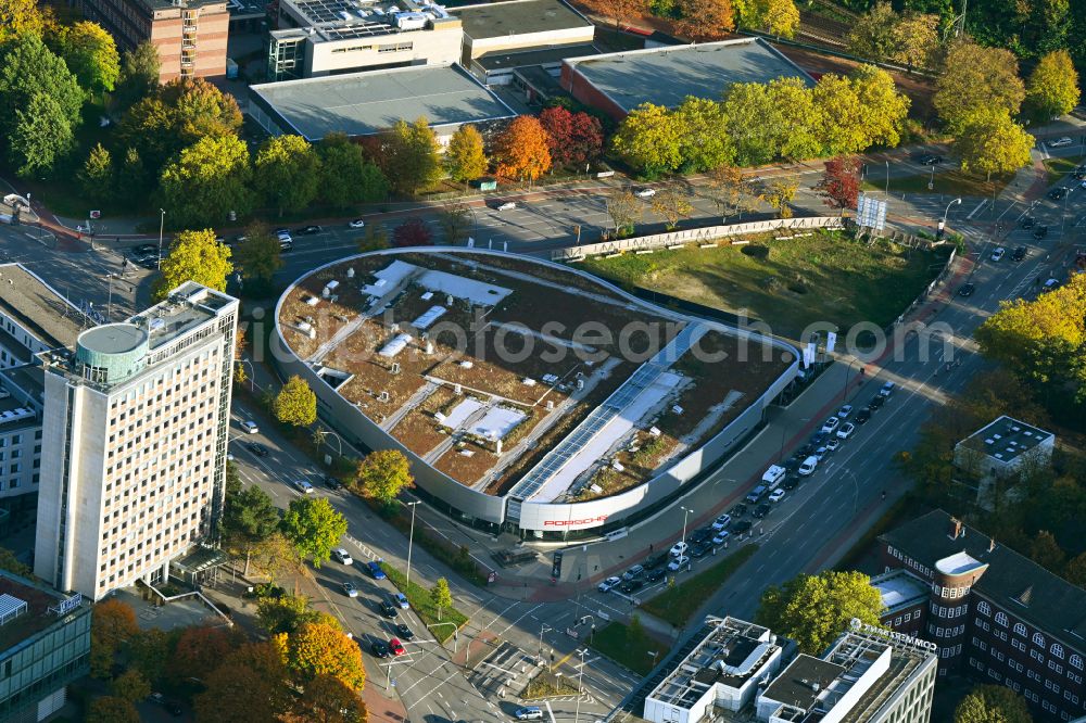 Aerial photograph Hamburg - Car dealership building Porsche-Zentrum Honburg on Steinhauerdonm in the district Hohenfelde in Hamburg, Germany