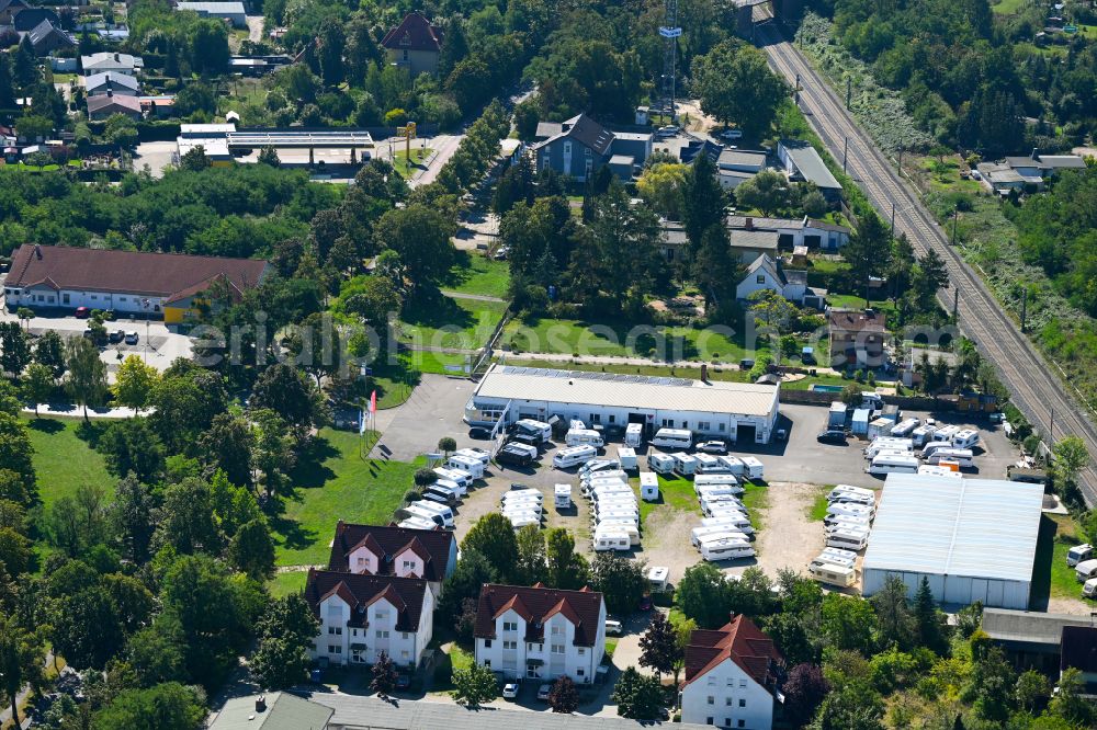 Dessau from the bird's eye view: Vehicle trade building of specialist dealer of Caravan-Center-Lehe GmbH on street Heidestrasse in the district Haideburg in Dessau in the state Saxony-Anhalt, Germany