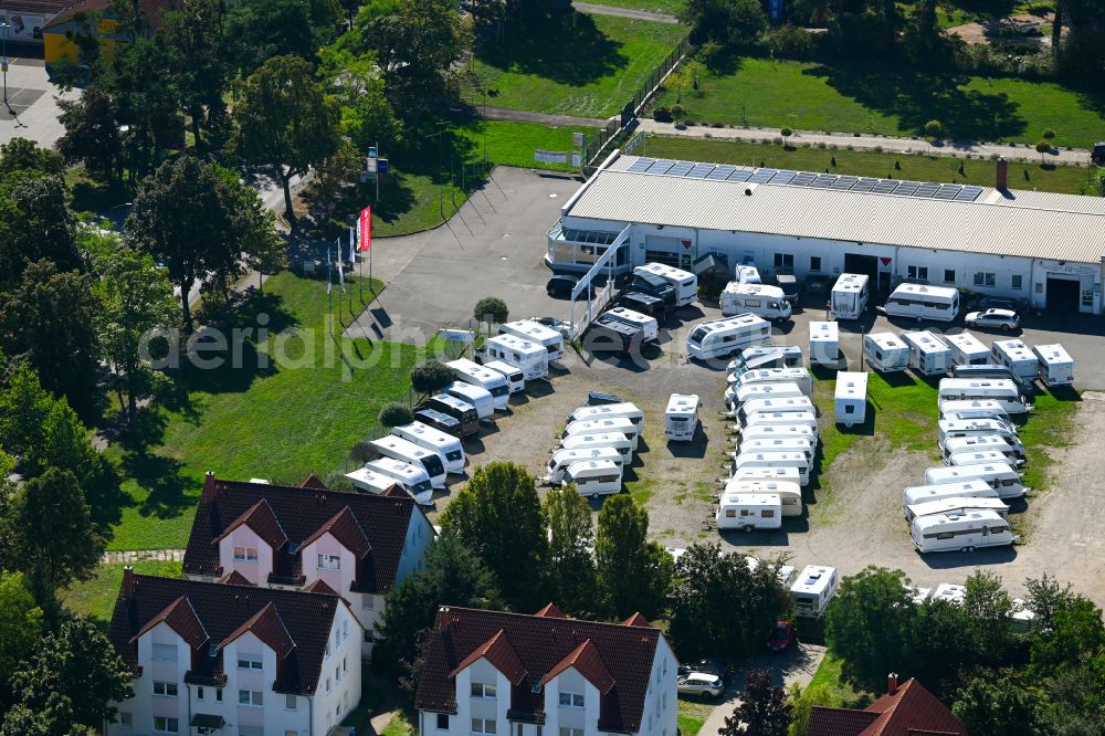 Aerial image Dessau - Vehicle trade building of specialist dealer of Caravan-Center-Lehe GmbH on street Heidestrasse in the district Haideburg in Dessau in the state Saxony-Anhalt, Germany