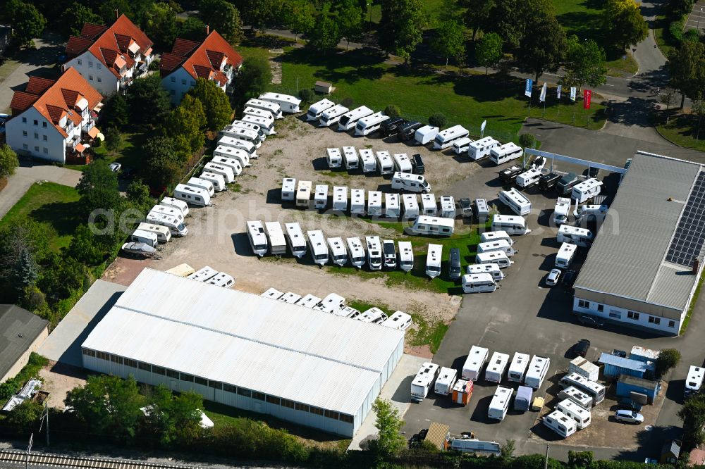 Aerial photograph Dessau - Vehicle trade building of specialist dealer of Caravan-Center-Lehe GmbH on street Heidestrasse in the district Haideburg in Dessau in the state Saxony-Anhalt, Germany