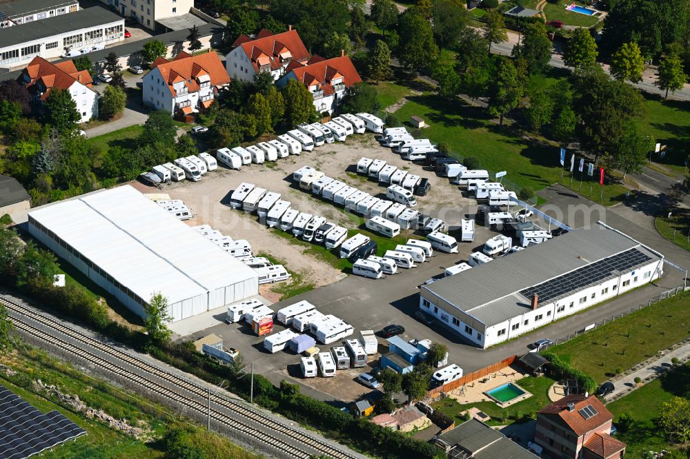 Dessau from above - Vehicle trade building of specialist dealer of Caravan-Center-Lehe GmbH on street Heidestrasse in the district Haideburg in Dessau in the state Saxony-Anhalt, Germany