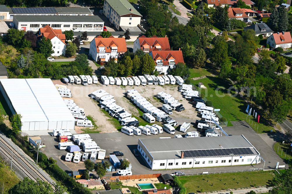 Dessau from the bird's eye view: Vehicle trade building of specialist dealer of Caravan-Center-Lehe GmbH on street Heidestrasse in the district Haideburg in Dessau in the state Saxony-Anhalt, Germany