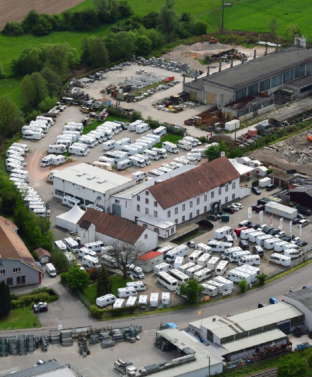 Maulburg from above - Car dealership building and presentation area for Caravans, mobile homes and camper vans at ML-Reisemobile in Maulburg in the state Baden-Wurttemberg, Germany