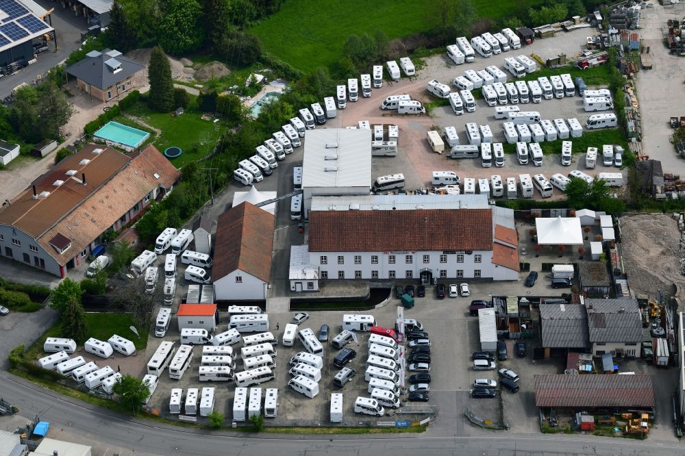 Aerial image Maulburg - Car dealership building and presentation area for Caravans, mobile homes and camper vans at ML-Reisemobile in Maulburg in the state Baden-Wurttemberg, Germany