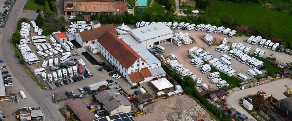 Aerial photograph Maulburg - Car dealership building and presentation area for Caravans, mobile homes and camper vans at ML-Reisemobile in Maulburg in the state Baden-Wurttemberg, Germany