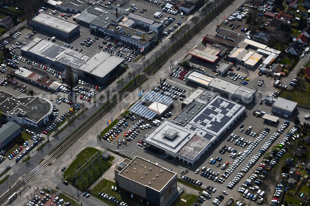 Aerial image Berlin - Car dealership building Volkswagen Group Retail Deutschland on street Hansastrasse in the district Weissensee in Berlin, Germany
